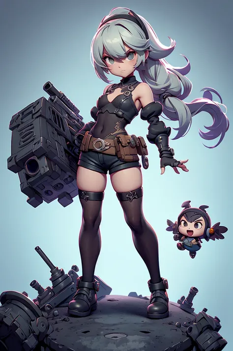 girl character  style game contra, with big gun in hand , SHORTS VERY SHORT,  rayman legends style art with dark theme, NieR Automata,  small chest and long legs 