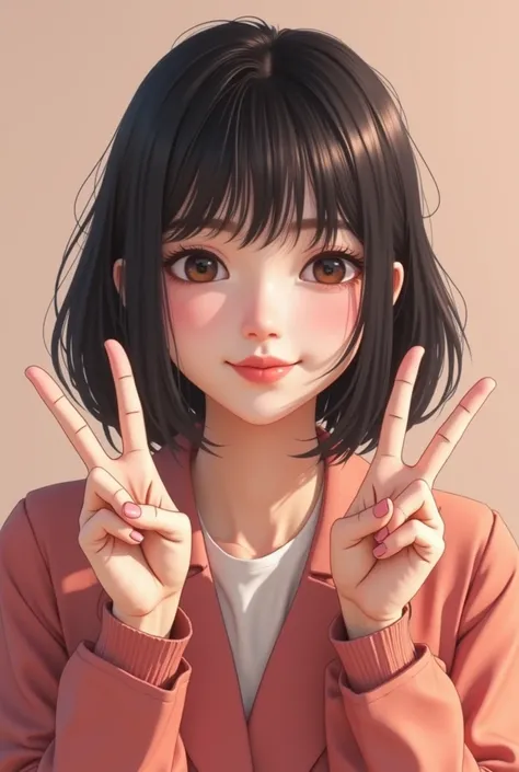 arafed image of a woman making a peace sign with her hands, ulzzang, neat hair with bangs, lalisa manobal, trending at cgstation, with same hairstyle, sakimichan, only a few bangs of hair, live2d virtual youtuber model, with short hair, 🪔 🎨;🌞🌄, with bangs