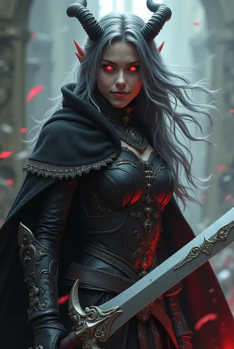 A demon girl with glowing red eyes, dark silver hair, a baroque-patterned cloak, and finely decorated leather armor holds a sword in her hand and casts magic, shouting at the enemy wearing iron armor. A fierce battle takes place while keeping close distanc...