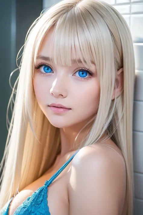  1 baby-faced girl, very super long hair ,  high res, Extremely bright blue eyes, Very big bright iris eyes、Platinum Blonde, bangs, 目の間のbangs, very beautiful very long hair ,  people in the hot water room 、Hair in the eyes, round face、Small Face Beauty、 bi...