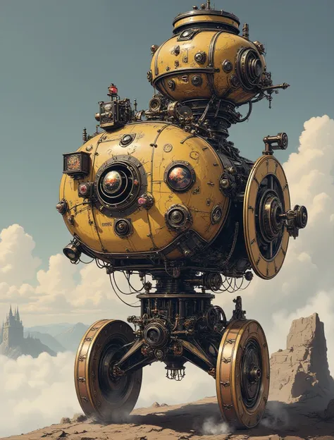 (  Best Illustrations:1.2), (  masterpiece:1.2 ), (   steam engine ), 8K, 16K,   wallpaper ,(  steampunk:2.0) ,Female Explorer ,  Science-Fiction   ,   Graphic novel   ,  retrofuture ,  avant-garde , graphic novel , super detailed {x} The evolved vehicle o...