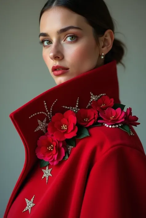 European woman model wearing a red coat with flowers and rhinestones