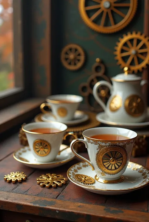 Attraction des Tasses avec des formes dengrenages dans une ambiance et décors steampunk