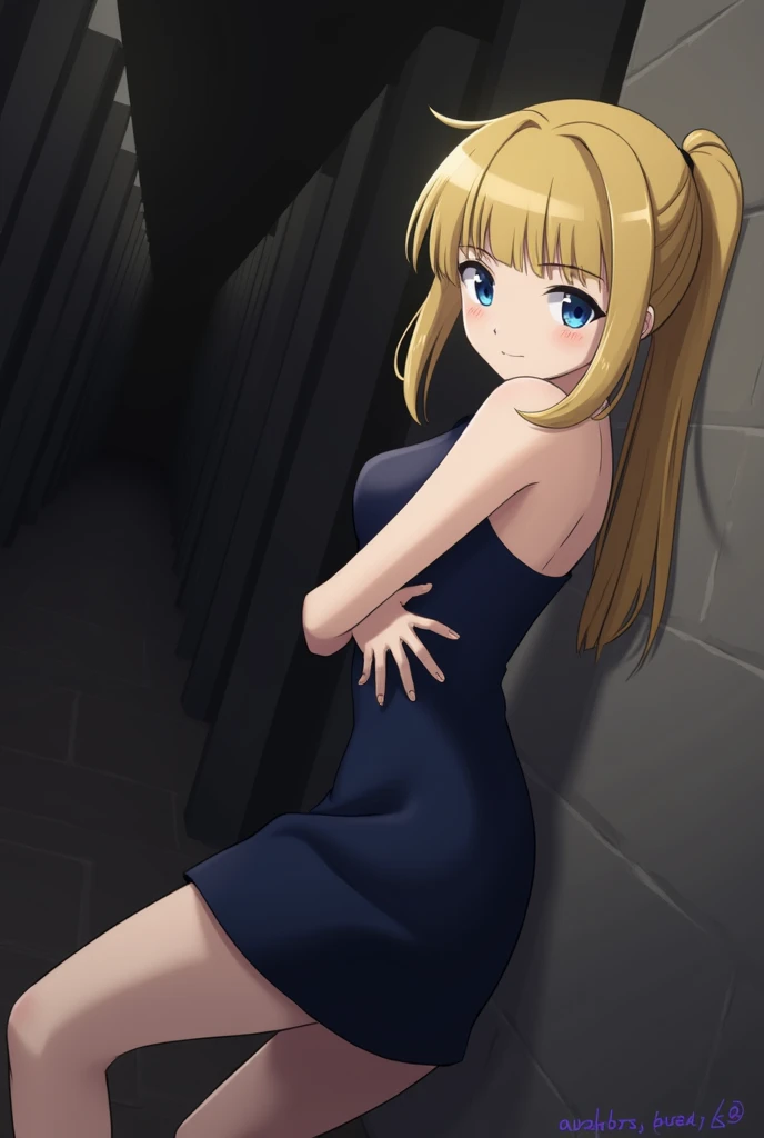 Safe for work, masterpiece, best quality, solo, 1 girl, facing forward, looking at camera, (young female body:1.4), ( medium breasts), slender legs, golden yellow hair, extra long hair, blunt bangs, crystal blue eyes, very detailed eyes, castle hallway bac...