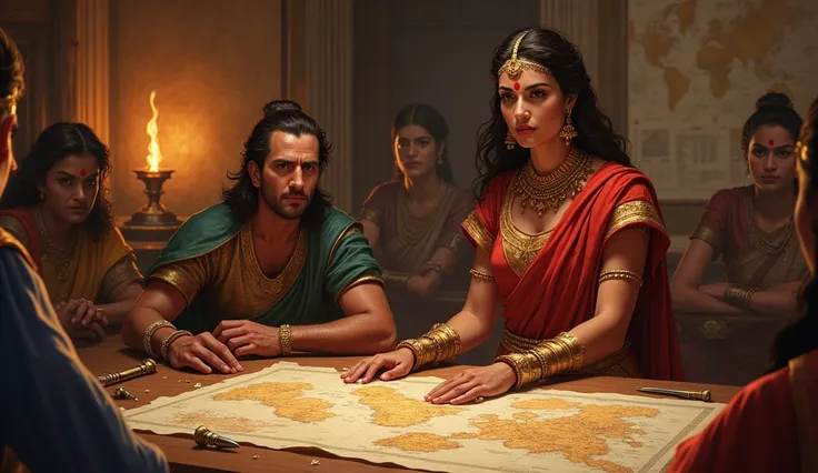 "Illustrate Rani Ganika in the royal war room, studying a map with her generals. Her expression is determined as she plans a defense strategy. The room is filled with weapons, maps, and torches casting a golden glow."