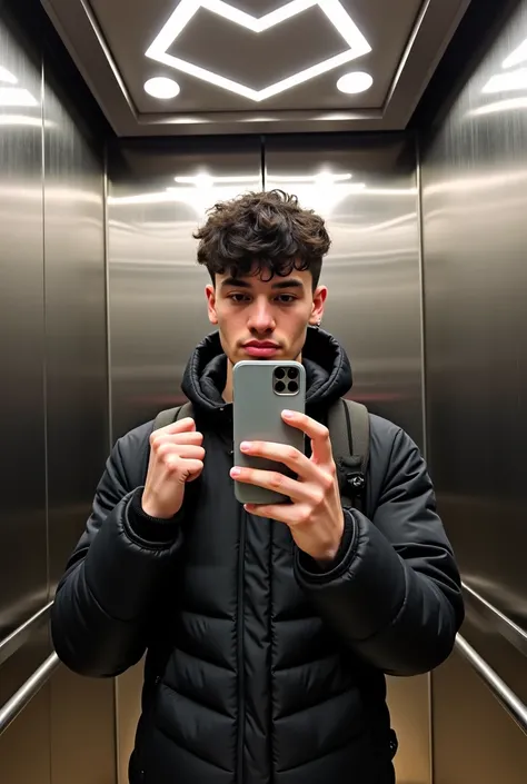 "A young man standing inside a modern, stylish elevator with reflective metal walls and geometric ceiling lights. He has short, slightly messy black hair with some light freckles. He wears a black puffy jacket and carries a backpack. He holds a smartphone ...