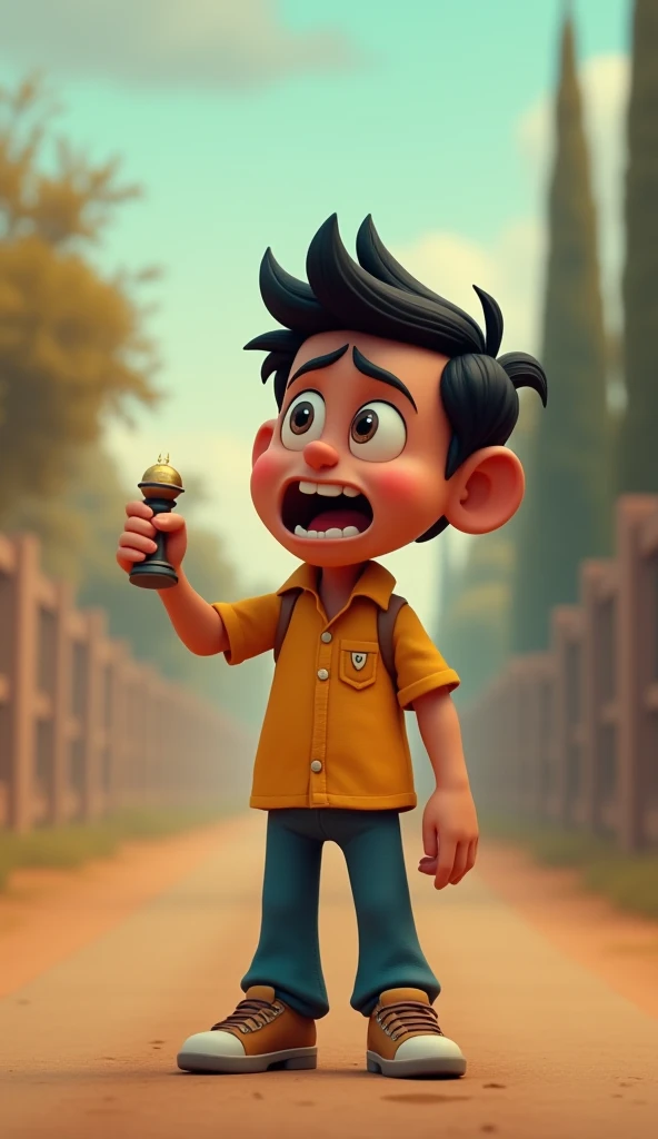 "Pappu standing upright, holding the mysterious object in his hand, with a disgusted and angry expression on his face as he shouts loudly, the empty road echoing his voice.
Generate in cinematic 3d cartoon style