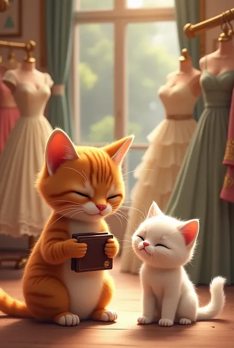 In beautiful dress shop ,White kitten standing with the orange daddy cat , Daddy cat  look sadly at his empty wallet 