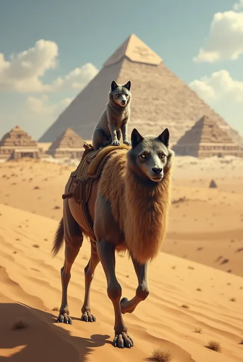 A little gray wolf riding a camel in the desert, in front of a pyramid 