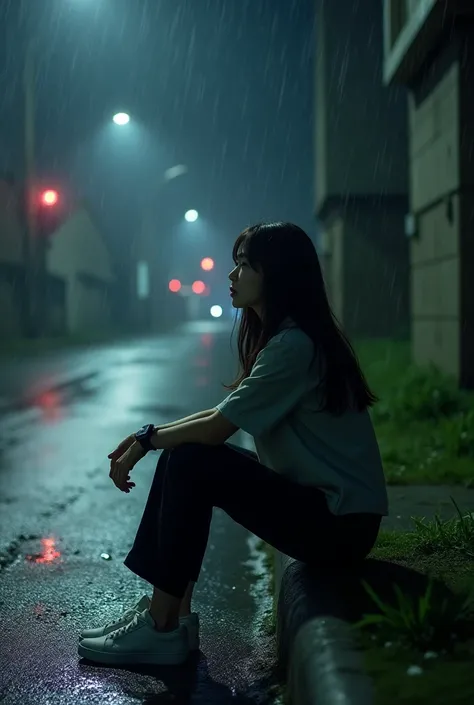 Beautiful Korean girl long hair dress shirt black pants cargo pants white sneakers wear smart watch, sitting on the side of the road while contemplating the background of a deserted street night rainstorm "fulhd high ratio  