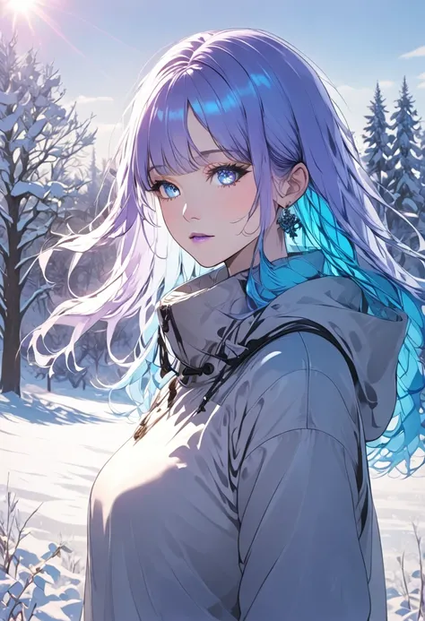 Woman with long light blue hair, blue eyes mixed with purple, white skin, wearing gray winter clothes. The background is a snowy meadow.