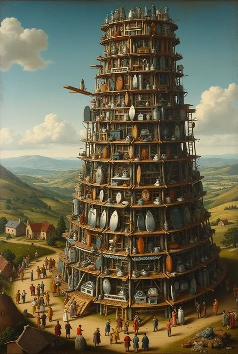  the Tower of Babel by Brueghel ,  but composed of ironing utensils (iron ,  ironing board )