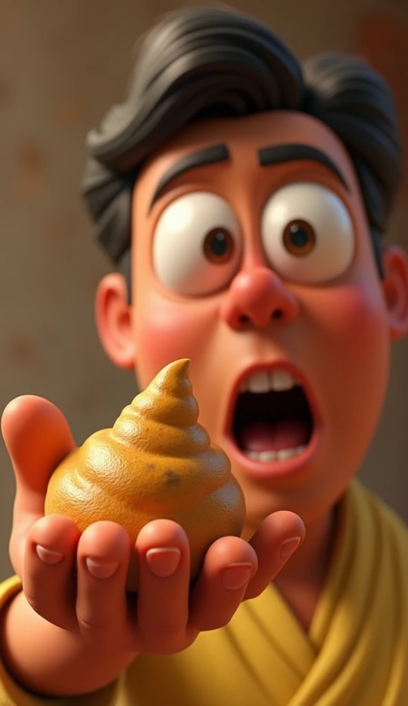 "Close-up of Pappu’s hand holding the object, which looks like poop but shaped like a samosa, with a humorous and exaggerated expression of shock and disbelief on his face."
Generate in cinematic 3d cartoon style