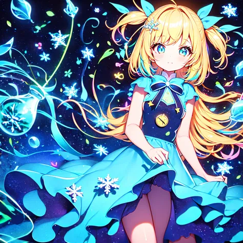  1 girl,Chibi、 fantasy、 cute世界、Trump、 Alice in Wonderland、clock、  best details、 cute、  neon color gradient hair color、   Snowflake  、 fantasy、  absurd、 neon lights enhance the  cuteness、世界一 cute絵、  fantasy、 Alice in Wonderland、 blue neon color、white neon c...