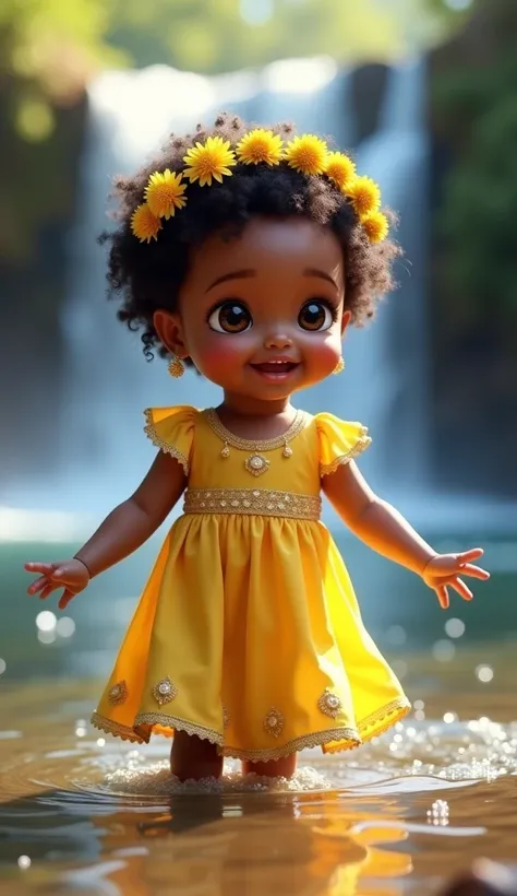 Create a realistic image of a baby girl, black, affectionate eyes, dressed in a yellow dress with gold details, a wreath of small yellow flowers, playing happily in a river with a waterfall in the background