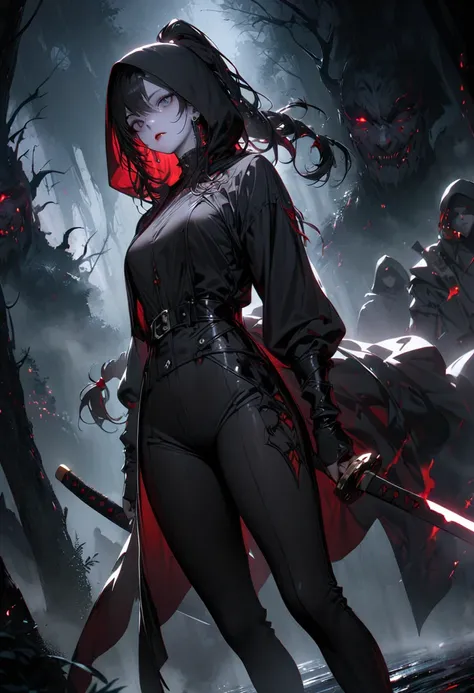 (top quality, 4K, masterpiece :1.3),  double eyelid, 1 cute young beautiful asian woman shemale, dark haired, pale skin, grey eyes, asian slanted eyes, long hairs, red lips, dressed, sword sheathed, earring, black leather vampire hunter outfit, black boots...