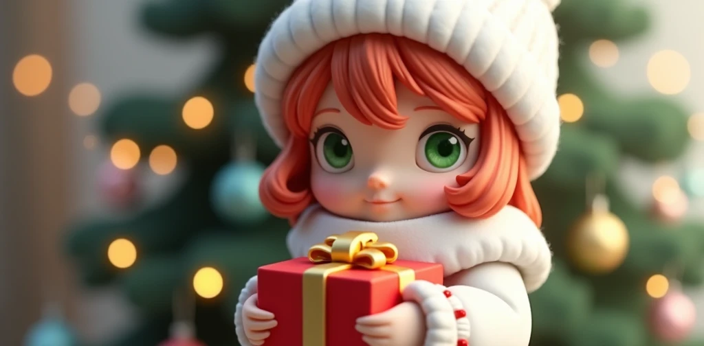 1girl, shoulder length red hair with orange highlights, pastel green eyes, wearing a thick white coat with red trim and wearing white knit cap with a pompom on top, holding a red present with a gold bow, standing in front of a Christmas tree,3D, Figure, Ch...