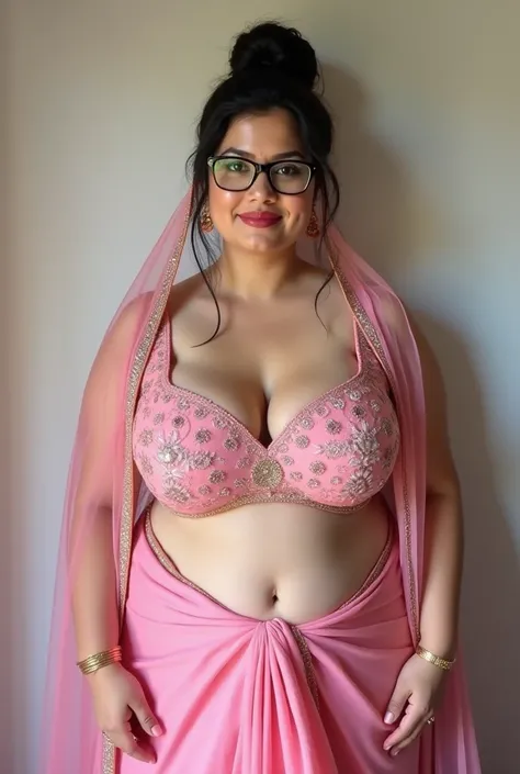 White curvy plump voluptuous milf 40 years lady wearing a sexy pink  lehenga in front of a wall. showing navel, celavage.  Real photo,  realism. Huge boobs with huge ass. Black tied up hair. Very milky White face and body. Having Glasses . Front view. Hair...