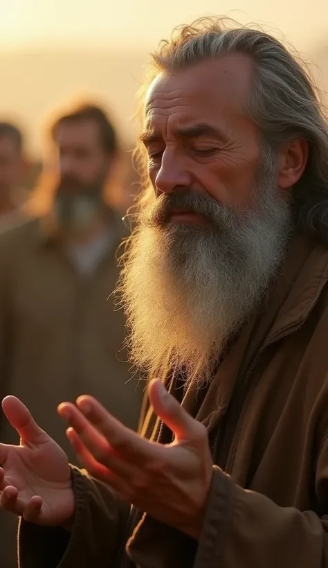 A close up of the face of the old man with beard and long blind hair in Jerico with eyes closed and hands outstretched,  listening attentively .  His expression shows a glimmer of hope as he perceives the shadow of an approaching crowd. Sunlight gently pas...