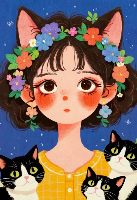 There is a painting， This painting is a girl ， with a bunch of cats on their heads  ,   colored pencil drawing by Yanagawa Nobumasa, pixiv, what is it？, Japanese illustrator, The girl with cat ears ,  Studio Ghibli Art , studio  Ghibli Art Style ,  Ghibli ...