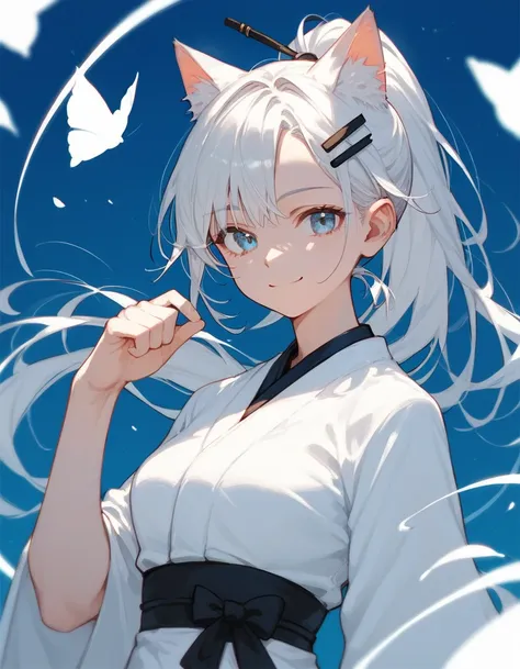 girl,Cat ears, white hair, Ponytail, in blue eyes,Has 2 tails ,Yokai ,smile, Medium Bust,,Black Hairpins ,thin,fit,In front , white kimono,