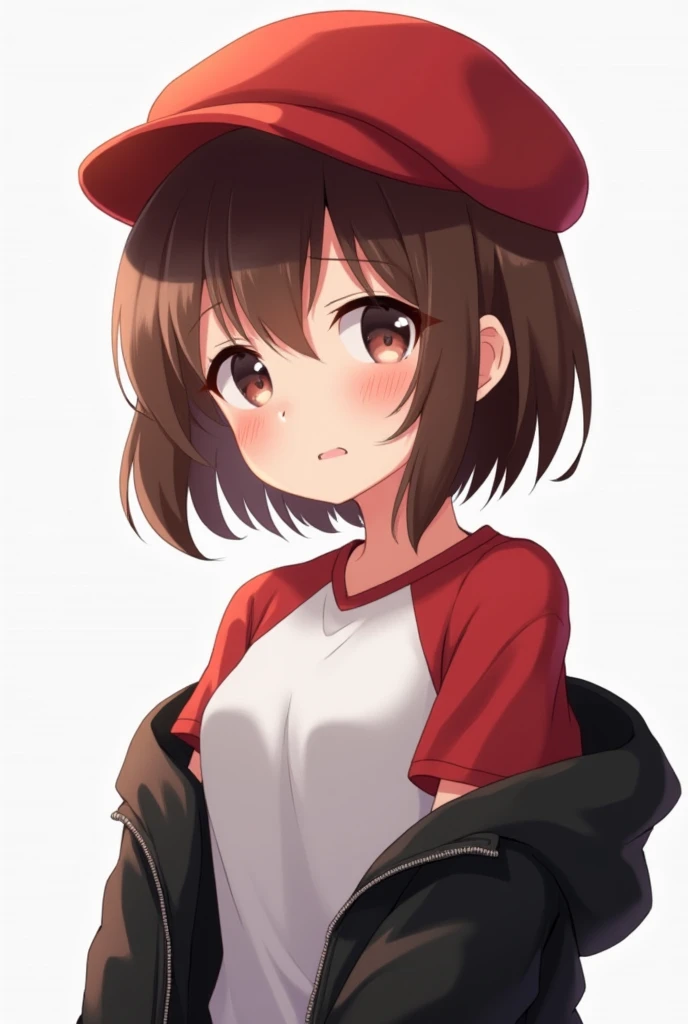 An anime chick who wears a short t-shirt so that her shoulders are red and wears a black jacket that half shows her shoulders then has brown hair rather short then wears a red bannie hat and has no head
