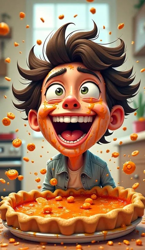 A pie accidentally explodes in his face, leaving him dazed but still laughing maniacally.