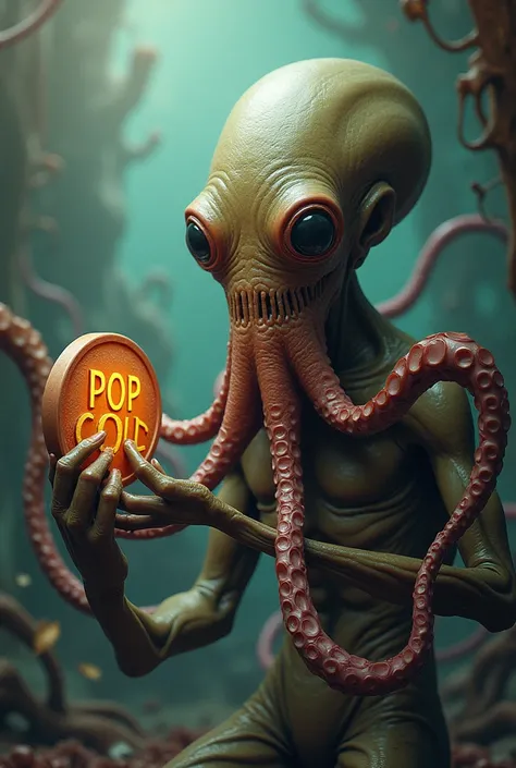 Alien alien octopus holding a coin that has pop coin written on it