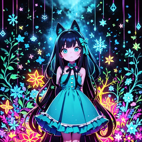  1 girl,Chibi、 fantasy、 cute世界、Trump、 Alice in Wonderland、clock、  best details、 cute、  neon color gradient hair color、   Snowflake  、 fantasy、  absurd、 neon lights enhance the  cuteness、世界一 cute絵、  fantasy、 Alice in Wonderland、 blue neon color、white neon c...