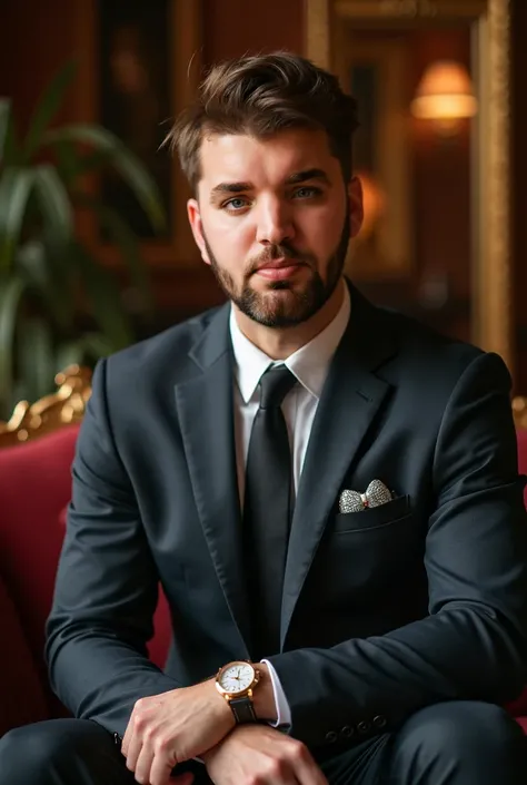 A man in a very rich and prosperous environment, wearing a suit and with a close-up capturing prosperity and man, showing wealth and abundance.