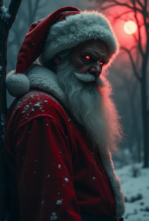 Create a dark and eerie image of Santa Claus with an enigmatic expression and glowing eyes, partially hidden in shadows. His red outfit should appear worn, with ominous details like stains or tears. The background should be ominous, with shades of black, d...