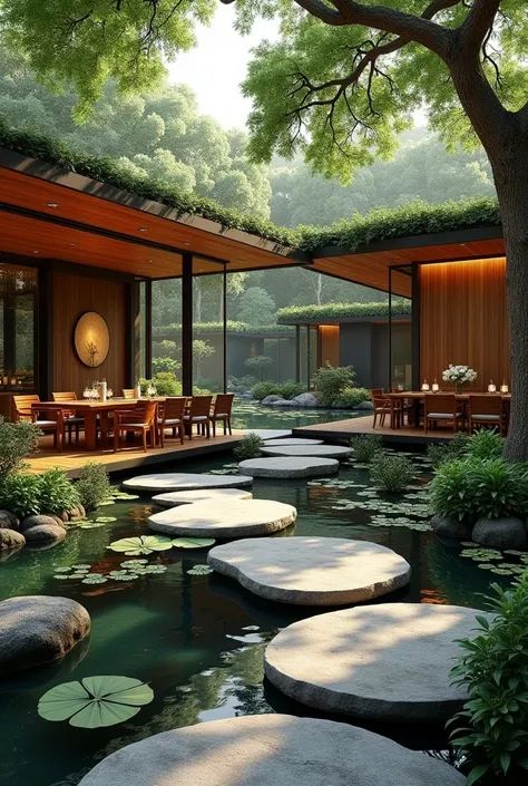 A dining area on a pond with pathways in front to go to the dining area and each dining area is a section that has a wooden roof that can put hanging plants and light. Each section has a pond side of it and landscape the art