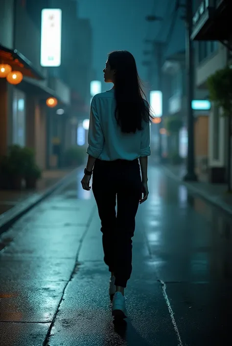 Beautiful Korean girl long hair dress shirt black pants cargo pants white sneakers wear smart watch, walking on the sidewalk while contemplating the view towards the background camera of a deserted street at night of rain"fulhd high ratio  