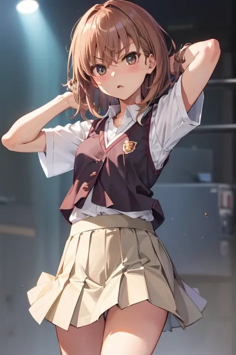 Misaka Mikoto、A Certain Scientific Railgun、girl、Small breasts、whole body、Contrasted、Short sleeve blouse、Beige knit vest、Dark grey plain pleated skirt、best quality,