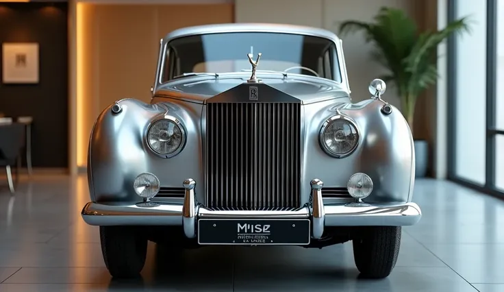 a sleek silver colour 1964 rolls royce  in showroom in public 8k hd prompt bna doo full front closeup view full clear