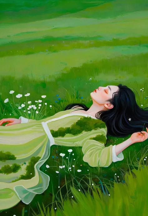  painting of a woman lying on the grass , an  Super Fine Details  inspired by Ren Hang, tumblr,  conceptual art ,  in an empty green field , Gently touch the earth, Green flowing hair,  grassy , Hiding in the grass , On a meadow, In the grass,  Super Fine ...