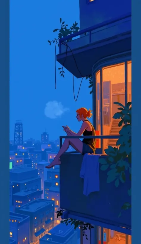 In the professional realistic photography style, we see a young woman sitting on the balcony of a building at night, raindrops fall, the night sky, the image has vivid colors, maximum resolution, all focused on professional photographic realism..