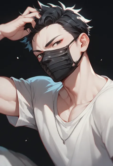 Anime A young man with scary features with black hair and black eyes wearing a black mask with a black background and white skin wearing black clothes is a Japanese anime