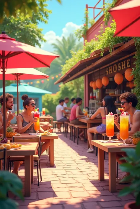 Un Bar à smoothie en exterieur avec pleins de fruits et pleins de couleurs, de grands cocktails multifruits. quelques tables avec des clients dehors qui degustents leurs smoothie