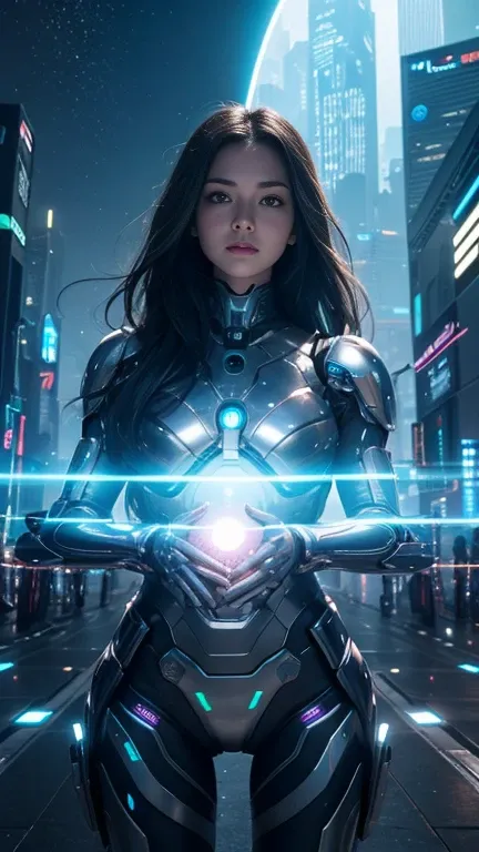 "Time-traveling female humanoid emerging halfway through a glowing halo portal, in shiny chrome armor suit, their futuristic designs blending advanced technology and human-like features. The environment outside the portal reveals a bustling cityscape of th...