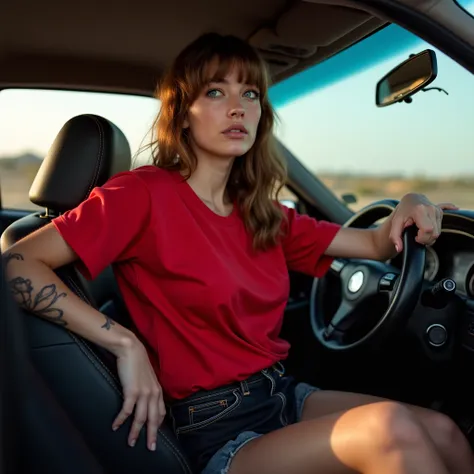 High definition image: 20-year-old woman with large breasts poses for photography arm tattoo daytime image she wears a simple red wide t-shirt and wears loose black denim shorts and shade on her clothes she is in the seat of a car driver having fun high de...