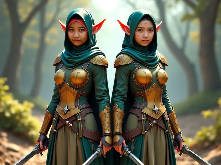 3d disney image ,The image depicts two identical twin women wearing hijabs covering the entire part of their heads.  They both wear the typical clothing of an elf warrior ,  consisting of :

Clothes
1 . Harness  ( of war clothes )  with typical elf design ...