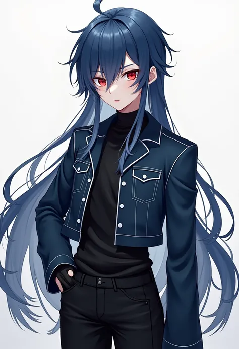 An anime guy with red eyes represents long indigo hair tied with a black ribbon to the top  , He has fair skin and wears all the fictional black and indigo clothes, including a short denim jacket on the front and long on the back. Below it is a long black ...