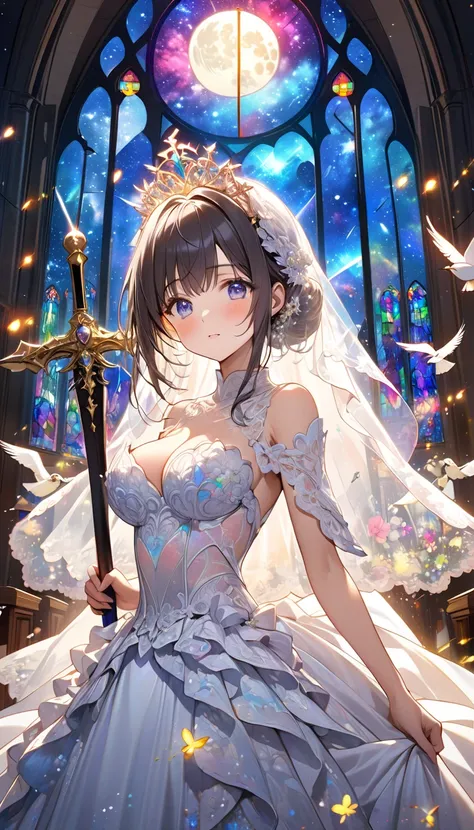  top quality ,  high image quality, 16k,  unbelievably ridiculous,  very detailed, 2.5D,  Delicate and dynamic , church,  Vivid Stained Glass,   small, faint light and flying fireflies holding a sword in front of their face ,   knight ,  starry sky ,  Milk...