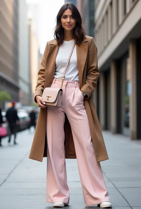 A woman in a fitted long-sleeve t-shirt tucked into pastel pink wide-leg pants, posing against a modern city backdrop. She wears a thick coat left open, revealing her effortlessly stylish layers, and accessorizes with a crossbody bag and sneakers for a pol...