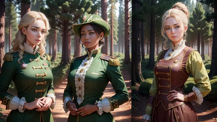 Woman forest officer, ((woman wearing forest officer cloth, rococo style)), "character turnaround", glowing light, 8k, super detail, different angles, 