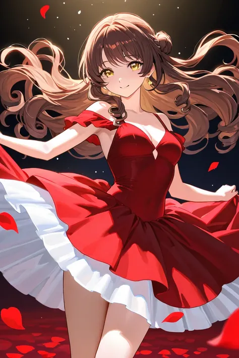 A woman that is a ballerina. She has long curly brown haired with shinny golden eyes, wearing a red dress. There is magic flowing and a lot of stars surrounding her. She is brave and smiling. There are rose petals falling all over her. 