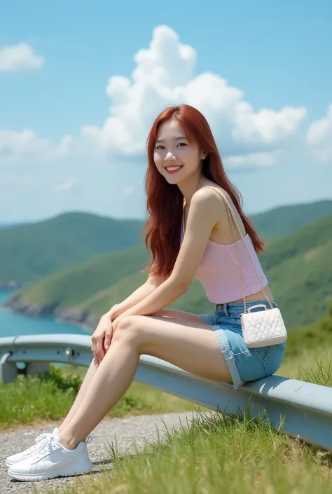 Professional 4K photos are beautifully smooth, with smooth colors that are pleasing to the eye 
A young Thai-japanes-russian woman She has beautiful very large breasts with long dark red hair, wearing a light soft pink sleeveless top, soft blue shorts, and...