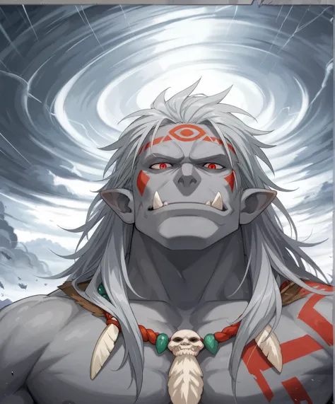 Old orc men, grey skin, long grey hair, tribal tatoo, shaman, tribal jewelry, red eyes, (perfect_face:1.2), best_qualities, muscular body, (ultra-detailled:1.2), storm in the background, warrior, orc, tornado, one character, (long_hair:1.1), close_up view,...