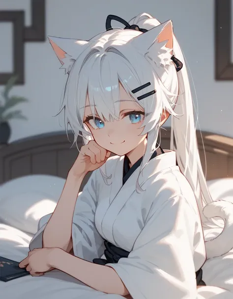 girl,Cat ears, white hair, Ponytail, in blue eyes,Has 2 tails ,Yokai ,smile, Medium Bust,,Black Hairpins ,thin,In front , white kimono, sitting on bed,Exhaustion 